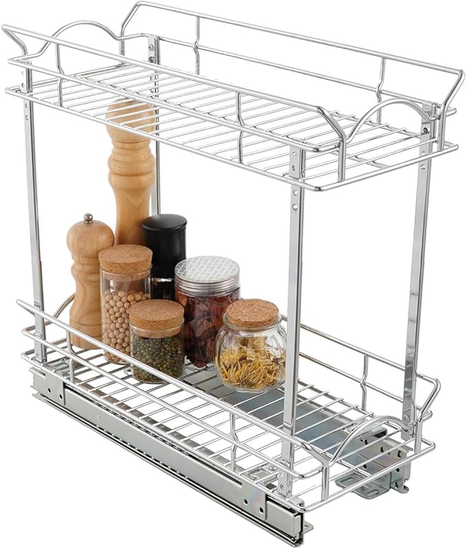 OCG Slide Out Cabinet Organizer for Narrow Cabinet (7" W X 21" D), 2 Tier Pull Out Shelves Slim Sliding Cabinet Organizer and Storage, Chrome