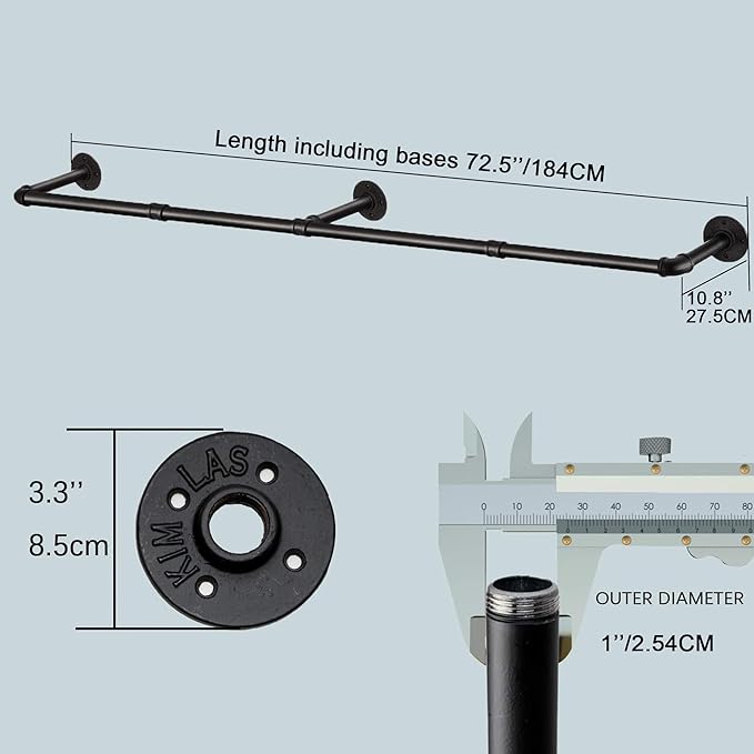 Industrial Pipe Clothes Rack with 3 S-shaped Hooks, 72’'L Wall Mounted Garment Rack, Heavy Duty Iron Garment Bar, Clothes Hanging Rod Bar for Laundry Room, Max Load 135Lb Black (2 Package)