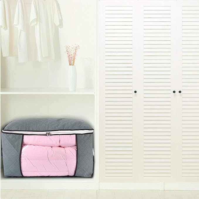 combocube Comforter Storage Bag, Zippered Bag with Large Clear Window and Carry Handles, Space Saver Organizers for Closet, Blanket, Pillow, Quilt, Bedding, Clothes (2Pcs Grey Large)