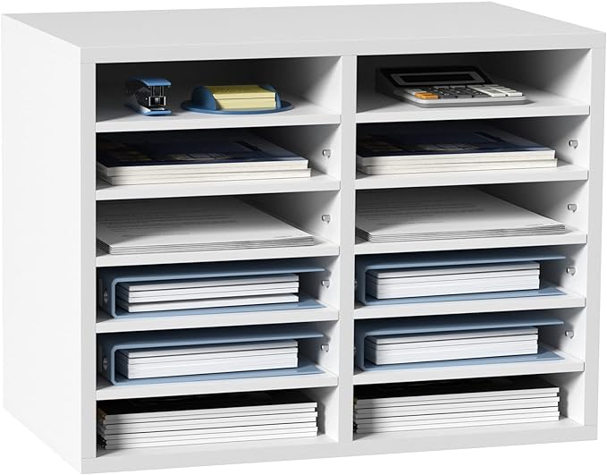 VEVOR Literature Organizers, 12 Compartments Office Mailbox with Adjustable Shelves, Wood Literature Sorter 20.4x12x16.1 inches for Office, Home, Classroom, Mailrooms Organization, EPA Certified White
