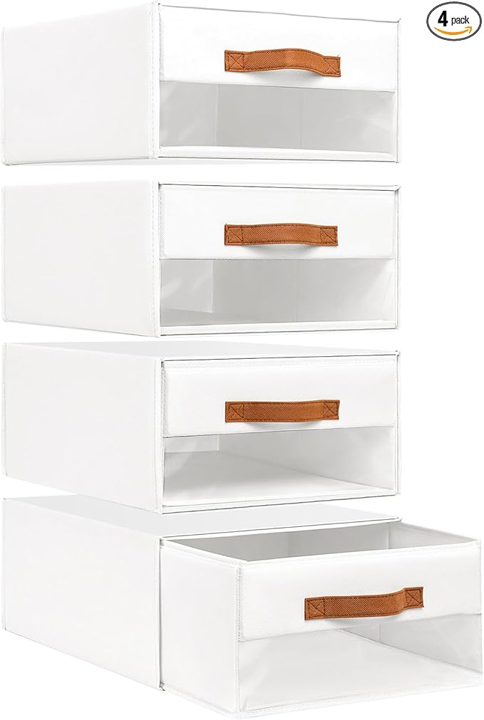 DIMJ Closet Organizers and Storage - Fabric Bins with Drawers for Closet Foldable Clothes Organizers with Clear Window, Stackable Storage Drawers Units for Bedroom, Living Room, 4-Pack, White