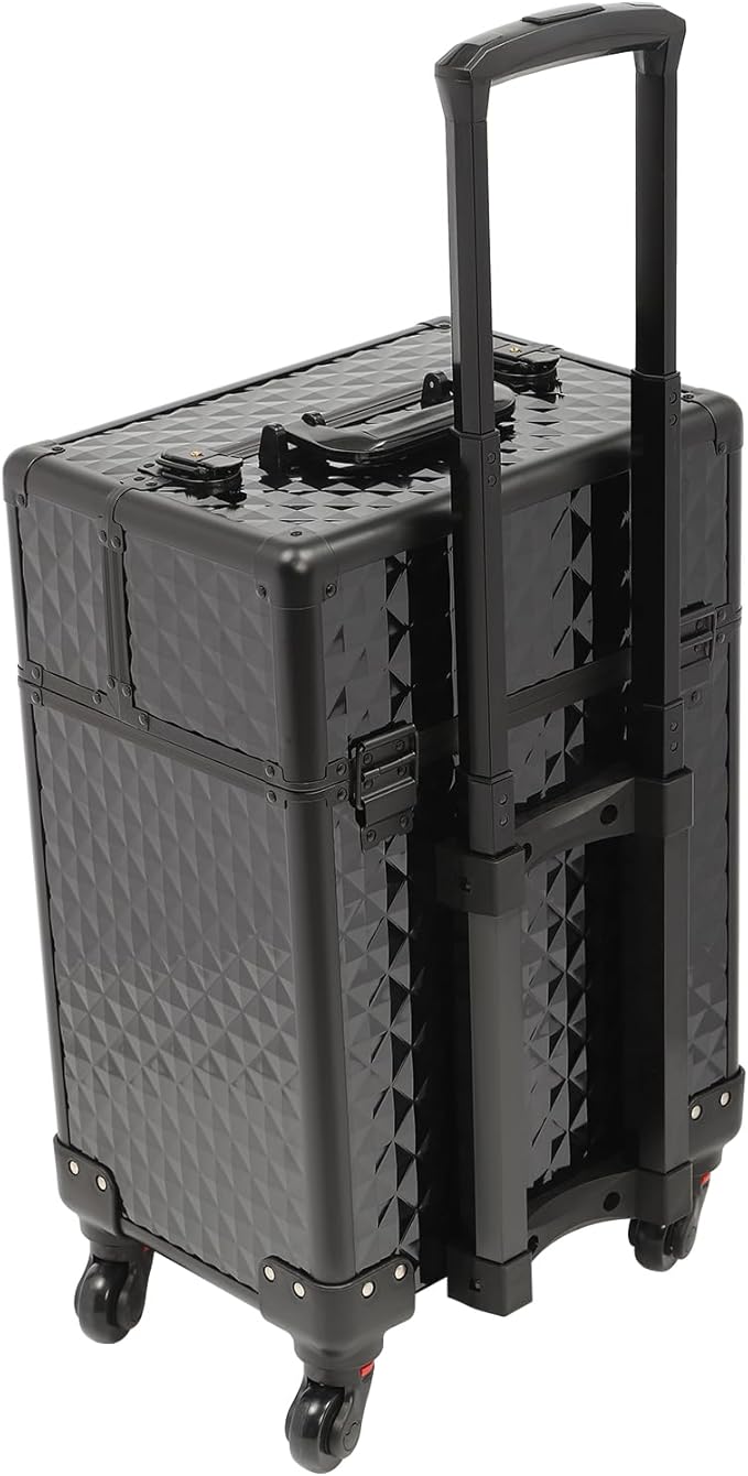 Professional Rolling Makeup Train Case with Lock, 7 Compartments 44lbs Capacity Rolling Nail Case Adjustable Organizer for Makeup Artists, Hairstylists, Pet Groomers (Black)