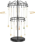 MODOWEY Rotating Necklace Holder Organizer Display Stand with 42 Hooks, 2 Tier Adjustable Metal Tree for Long Necklace Hanger Selling, Tall Spinning Bracelet Storage Rack for Men Women, Black