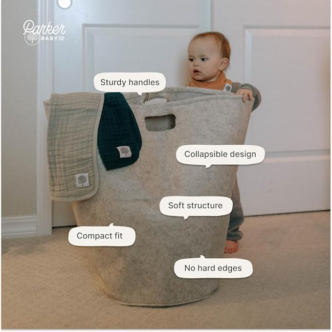 Parker Baby Nursery Laundry Hamper - Large Felt Storage Basket and Baby Hamper for Nursery (Oatmeal)