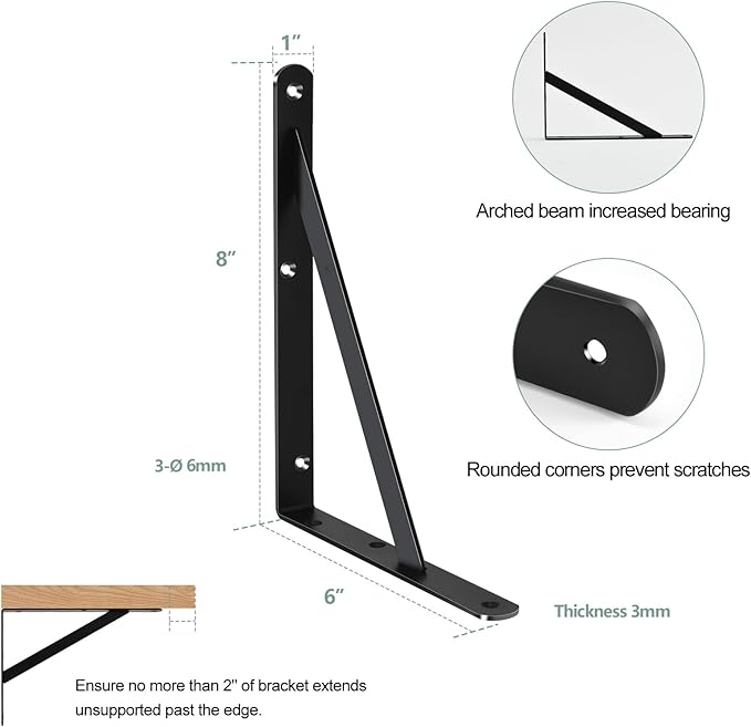 12 Pack L8 x H 6" Black Heavy Duty Shelf Brackets with Screws Metal Shelf Brackets Shelf Support Angle Brackets for Shelves L Brackets Heavy Duty Floating Shelf