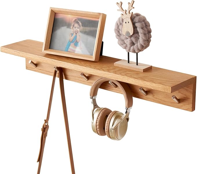 Oak Wood Coat Rack Wall Mount With Shelf 27.5 Inch Long, Entryway Floating Shelf With 6 Hooks for Bathroom, Hallway, Living Room