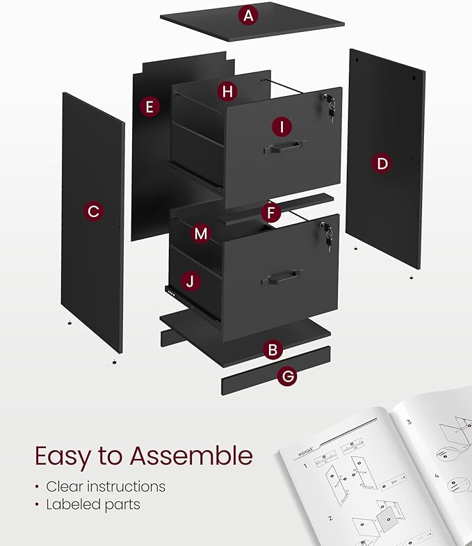VASAGLE 2 Drawers File Cabinet with Lock, Printer Stand, Office Filing Cabinet Organizer, for A4 and Letter Size Documents, Ink Black UOFC061B16