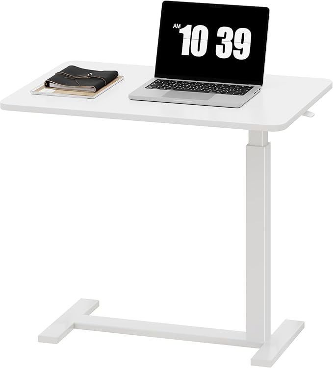 Sweetcrispy Overbed Bedside Table with Wheels, Adjustable Hospital & Home Use Bed Table, Rolling Laptop Table, Mobile Standing Desk, White