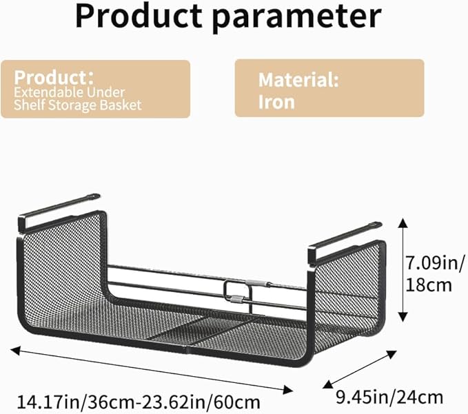 Expandable Under Shelf Basket Organizer, Under Shelf Storage, Hanging Baskets Under Cabinet for Pantry Kitchen Cupboard Desk Counter Bookshelf Space Saver Heavy Duty Slide-in (white, 2 Pack)