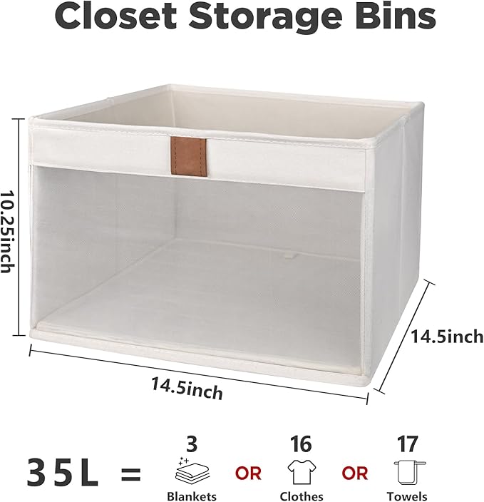 Linen Closet Organizers and Storage, Closet Storage Bins Basket Organizer, Foldable Organization Baskets with Mesh Window for Clothes Towels and Toys, 14.5" x 14.5" x 10.25", Beige, 2 pack
