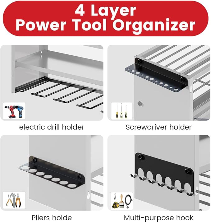 4 Layers Power Tool Organizer Wall Mount with Power Strip, Heavy Duty Metal Tool Shelf, 400lbs Capacity for Cordless Drills, Batteries & Garage Storage (12 Slots with 8 Outlets Power Strip)