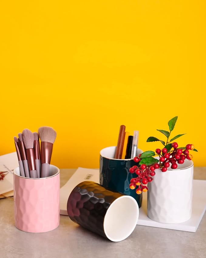 WHJY Ceramic Green Pencil Cup, Makeup brushes Holder, Gold Pen Holder for Desk Cute Small Boho Brush Holder, Modern Geometry Design Pen Holder