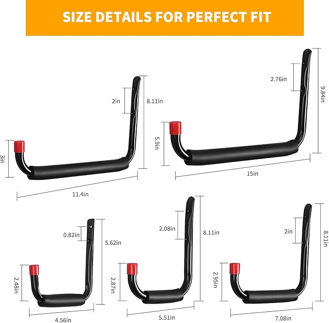 6 Pack Garage Hooks Heavy Duty, Utility Steel Hooks with EVA Foam Padding, 4.56inch Wall Mount J Organizer Hanger for Hanging Bikes Kayak Garden Tool Hose Bike Shelf