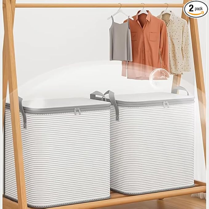 2 Pack Large Foldable Laundry Basket with Zipper Lid – 180L Storage Organizer Bin, Thickened Non-Woven Fabric, Handles for Clothes, Blankets