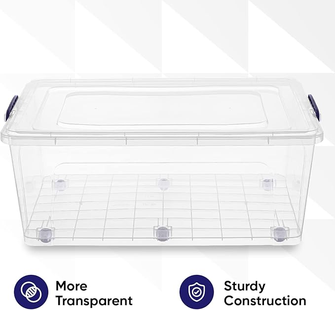 Superio Storage Bins with Lids- Clear Boxes for Organizing, Stackable Plastic Containers- BPA Free, Non-Toxic, Odor Free, Organizer for Home, Office, Dorm (6 Pack, 60 Qt (Wheeled))
