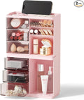 Small Makeup Organizer with Drawers, Stackable Bathroom Couneter Organizer with Phone Holder, Versatile Vanity Organizer Countertop, Cosmetic Organizer for Makeup Brush, Skin Care, Lotion -Pink,2Pack