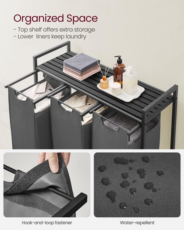VASAGLE Laundry Hamper, Laundry Basket, Laundry Sorter with 3 Pull-Out and Removable Bags, Shelf, Metal Frame, 3 x 10.6 Gallons (40 L), 36.4 x 13 x 28.4 Inches, Slate Gray and Charcoal Gray UBLH301G01