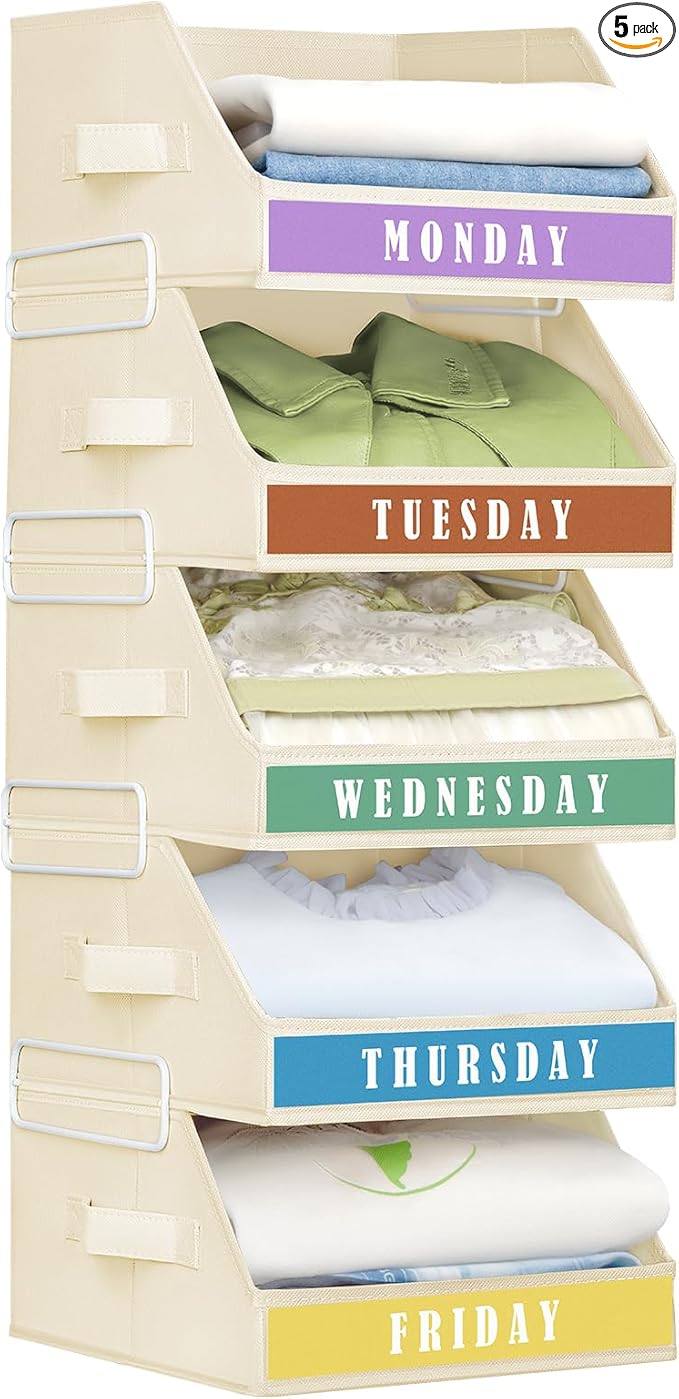 Closet Organizers and Storage - 5 Tier Shelf Organizer with Weekly Labels, Stackable Storage Bins with Metal Frame, Foldable Cube Bins, Home Baskets for Kids and Adults, Beige