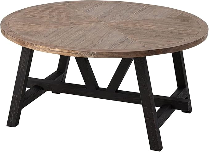 Rustic Farmhouse Coffee Table with Geometric Base, French Country Accent Table for Family, Dinning or Living Room, Modern, Round