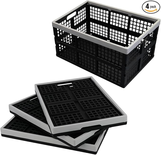 Anbers 42 L Plastic Collapsible Storage Crate, Folding Milk Crate Storage Bins, 4 Packs