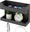 NiHome Wall Mounted Wooden Bedside Accessories Organizer, Double Tray Bedside Storage Shelf Rack with Magnetic Hooks, Bedroom Dorm RV Wall Caddy Holder for Phone Glasses Alarm Clock Remote (Black)