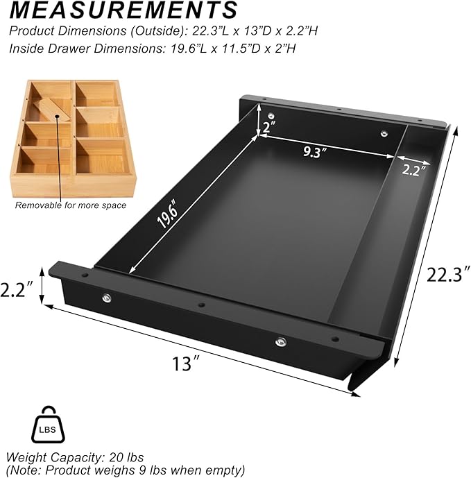 Large Under Desk Mounted Sliding Drawer with Bamboo Tray and 60 Degree Tilt Panel to Pull Out, 22'' Long & 13'' deep Large Storage Organizer for Sit Stand Workstation