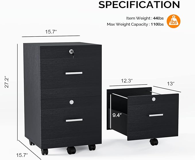VINGLI 2-Drawer File Cabinet with Lock, Small Rolling Wood Filing Cabinet for Hanging Letter Size Filings with Tabs, Mobile Under Desk File Organizer for Home Office, Classic Black, 27.2" H
