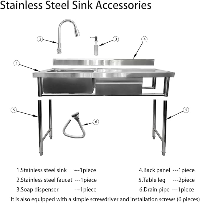 304 Stainless Steel Utility Sink with Faucet – Free Standing Single Bowl Kitchen Sink with Workbench & Drawer Storage, Hot/Cold Water Pipes for Laundry, Farmhouse & Outdoor Use 47”(SCTD-120R)