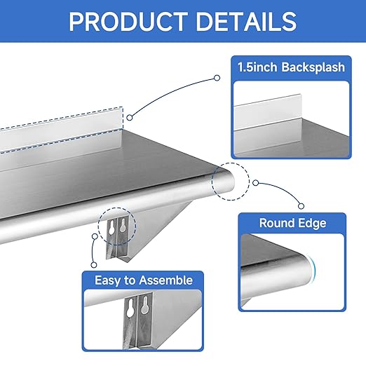 ROCKPOINT Stainless Steel Shelf 14 x 60 Inches 400lb, NSF Metal Commercial Shelves Wall Mount Floating Shelving with Backsplash for Restaurant, Kitchen, Home and Hotel, Silver