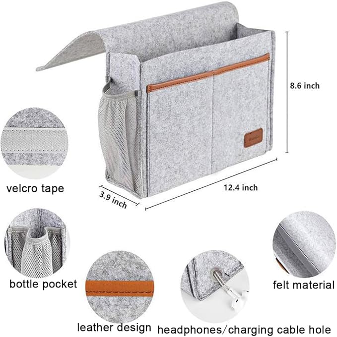 Bedside Caddy,Felt Bedside Storage Organizer, Hanging Storage for Dorm Bed Sofa for tablet Magazine Phone Remotes Water Bottle Holder (Grey)