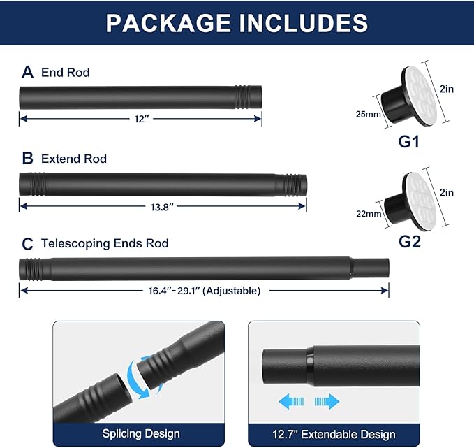 No Drilling Closet Rod, 27.5-63 Inches Hanging Closet Rod for Clothes, Closet Bar & Pole Heavy-duty, Closet Rods for Hanging Clothes For Closet Wardrobes Bathroom Laundry RV Curtains,Black
