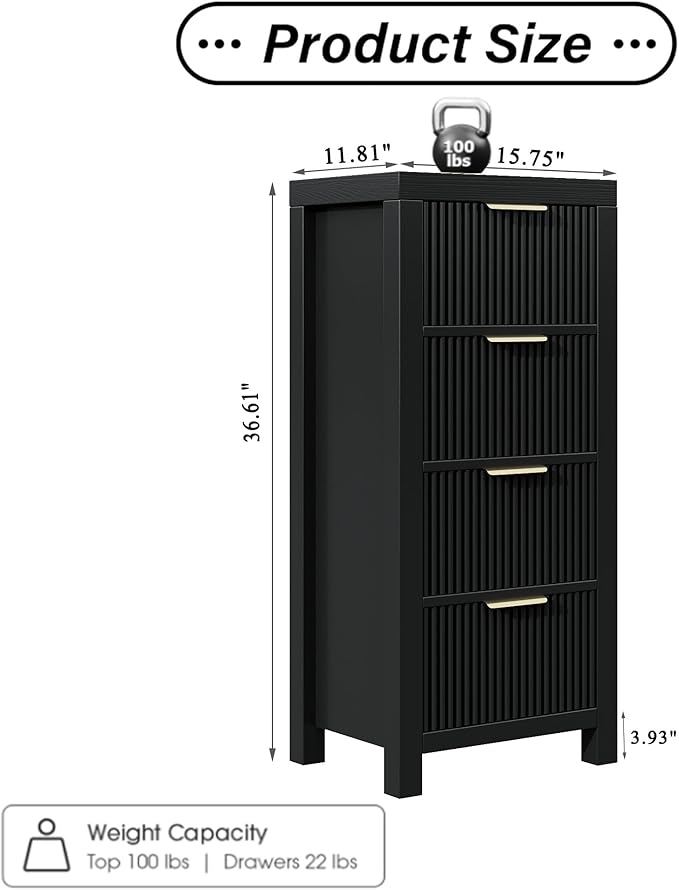Tall Mid-Century Dresser with 4 Large Drawers, Black Wood Storage Cabinet with Metal Handles for Entryway, Bedroom, or Office