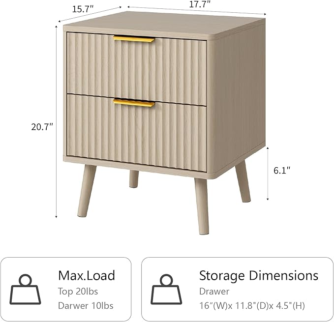 CARPETNAL Fluted Nightstand Set of 2, Beige Bedside Table with 2 Drawers and Gold Handles, Wood End Table Mid Century Night Stands for Bedroom Living Room