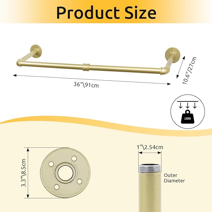 2 Packs Gold Industrial Pipe Clothes Rack,36 inch Pipe Garment Rack Hanging Rod Bar for Closet Storage,Laundry Room Up to Max Load 135lbs