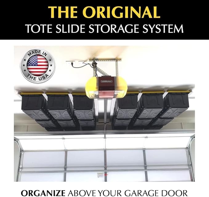 E-Z Garage Storage Tote Slide PRO – Made in USA | Heavy-Duty Alloy Steel Overhead Rack – Organize Up to 15 Storage Tote Bins on Garage Ceiling – 88” x 80” x 3.5”, White – Space-Saving Design