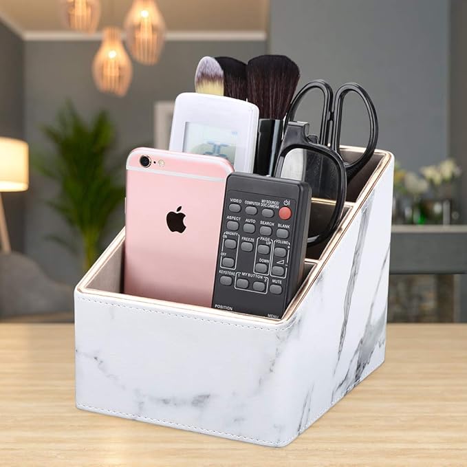 KINGFOM Remote Control Holder with 3 Compartments, Pu Leather Remote Caddy Desktop Organizer for TV, CD, Blu-Ray, Media Player, Heater Controllers and Cosmetics Office Supplies (White Marble)