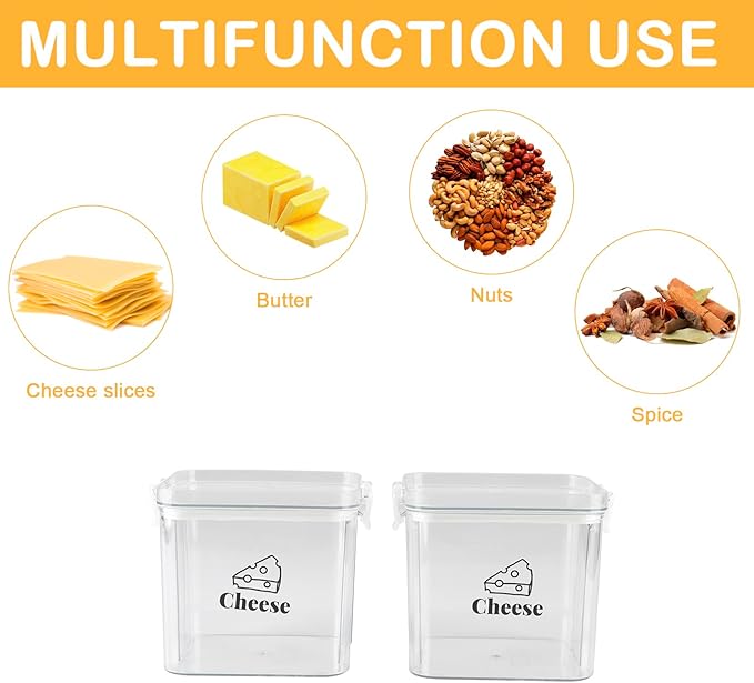 2 Pack Cheese Container for Refrigerator Airtight Creamer Container with and Lid Cream Cheese Sliced Cheese Box Cheese Saver for Fridge Keeper Cream Block Shredded Cheese Storage Box Clear