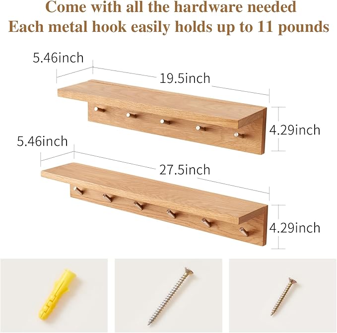 Oak Wood Coat Rack Wall Mount With Shelf 20 Inch Long, 5 Hooks, Floating Entryway Wall Shelf for Bathroom, Hallway, Living Room