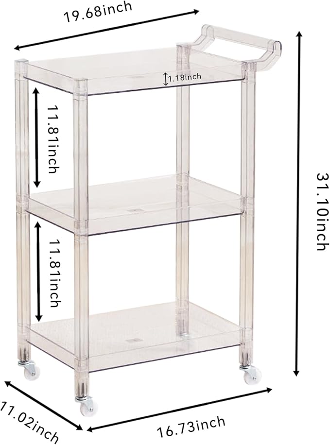 Acrylic Utility Rolling Cart, 3-Tier Clear Acrylic Storage Cart with Pulling Handle & 4 Wheels for Kitchen Living Room Dining Bathroom Laundry, Multifunction Serving Trolley for Small Spaces (Blue)