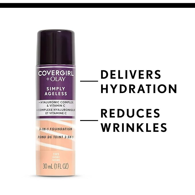 COVERGIRL & Olay Simply Ageless 3-in-1 Liquid Foundation, Matte Finish, Hyaluronic & Vitamin C Formula, 232 Nude Beige, 1 Count