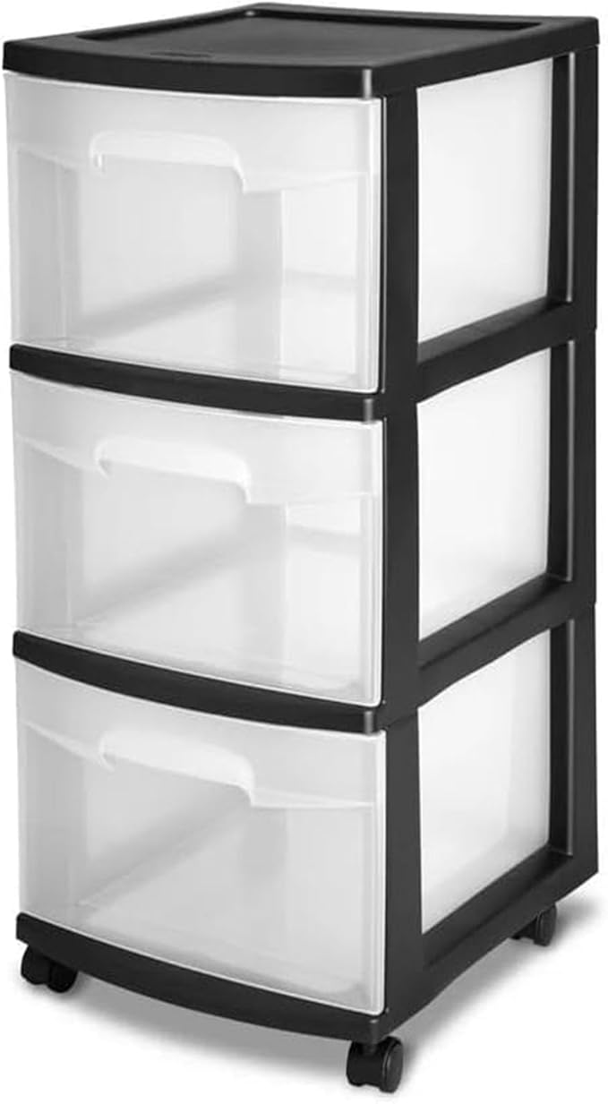 3 Drawer Rolling Plastic Storage Cart with Large Durable Clear Drawers and Removable Wheels, Suitable for Bedroom, Dormitory, Closet, Kitchen and Office (BLACK)