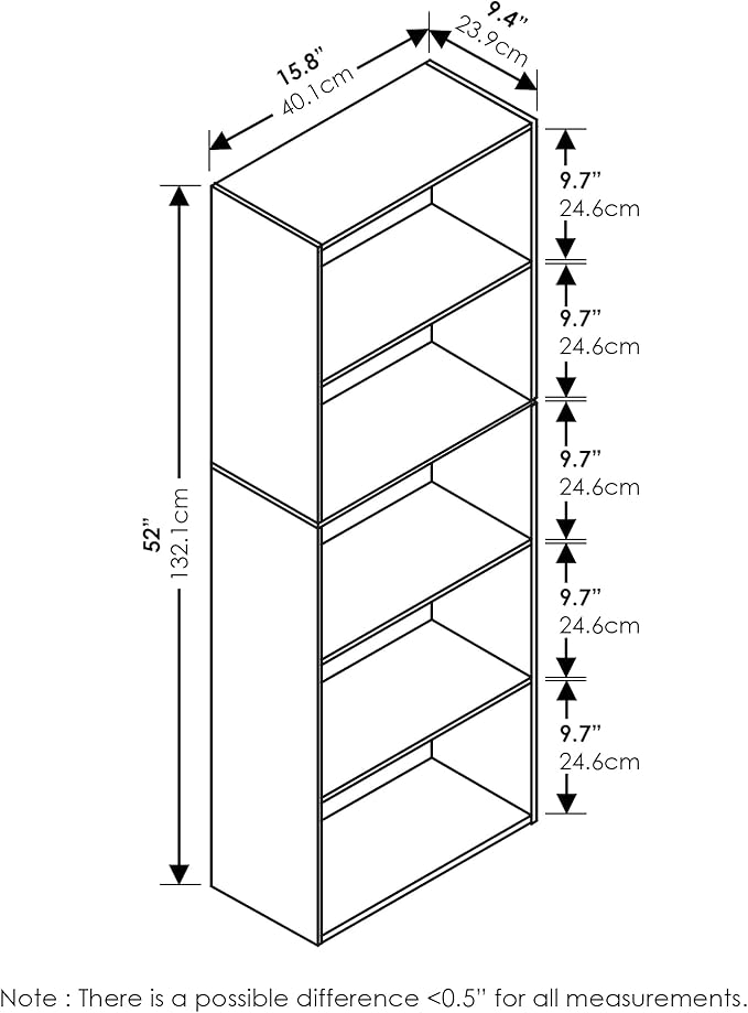 Furinno LUDER Book Shelf, 5-Cube Bookshelf, Bookcase with Open Shelf, 9.4 x 15.8 x 52, for Living Room, Bedroom, Home Office, White