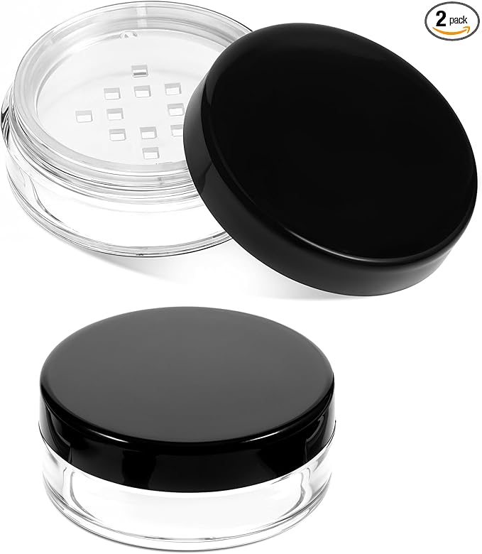 2 PCS 10ml/0.34oz Plastic Empty Travel Small Loose Powder Compact with Rotatable Sifter and Leakproof Screw Lid, Refillable Loose Powder Containers Reusable No Leak Compact, Black