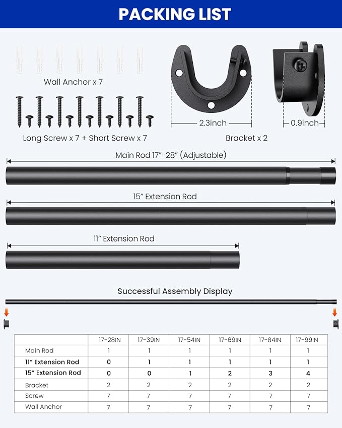 Closet Rods for Hanging Clothes, 17 to 69 Inches Stepless Adjustable Metal Closet Rod, 1.3 Inches Heavy Duty Clothes Hanging Rod for Closet Wardrobes Laundry RV, Black