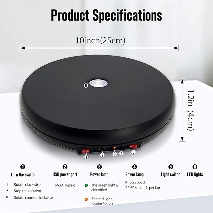 JAYEGT Motorized Rotating Display Stand with LED Light , 10 inch /55lbs Load, 360 Degree Electronic Photography Turntable for Product Show, Jewelry, Crystal Art (Black / 5 Colors LED Light /Rechargeable)