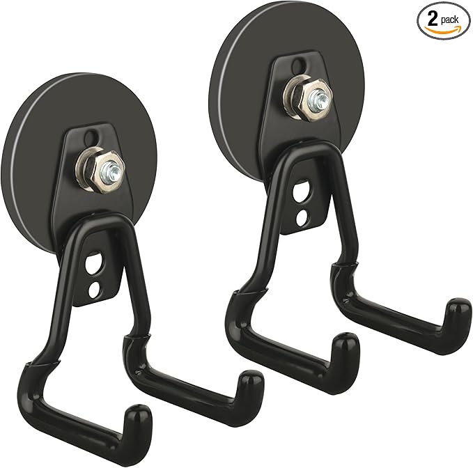 ULIBERMAGNET New Upgraded Large Magnetic Hooks,Strong Heavy Duty Magnet Hooks for Power Drill,Broom,Garden Tools, Pegboard, Garage, Workshop,Hardware, 2 Pack Magnet Storage Holder for Hanging(Black)