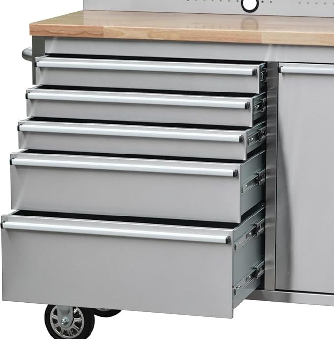 72 inch 11 Drawers Tool Chest with 3 Up Cabinet & Pegboard in Stainless Steel, Large Lockable Mobile Workbench with 6 Blue Storage Bins, Tool Box for Garage, Workshop (2 × HTC7214W1)