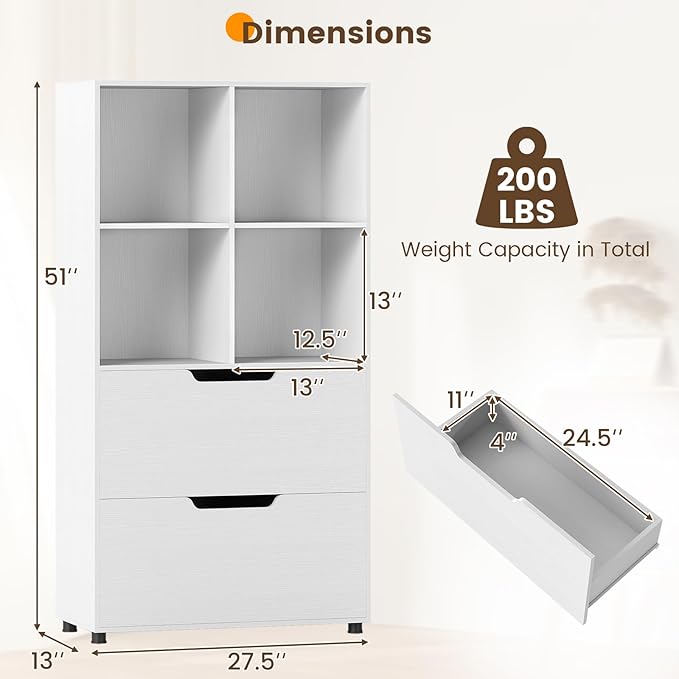 GOFLAME 4-Tier Bookcase with 2 Drawers, 51” Tall Bookshelf with 4-Cube Open Shelf, Wood, Modern, Freestanding Display Storage Organizer Shelf for Living Room, Home Office (2,White)