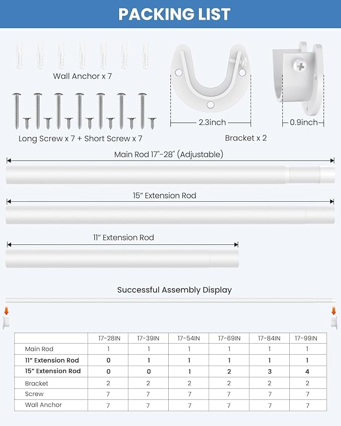 3 PACK Closet Rods for Hanging Clothes, 17 to 39 Inches Stepless Adjustable Metal Closet Rod, 1.3 Inches Heavy Duty Clothes Hanging Rod for Closet Wardrobes Laundry RV, White