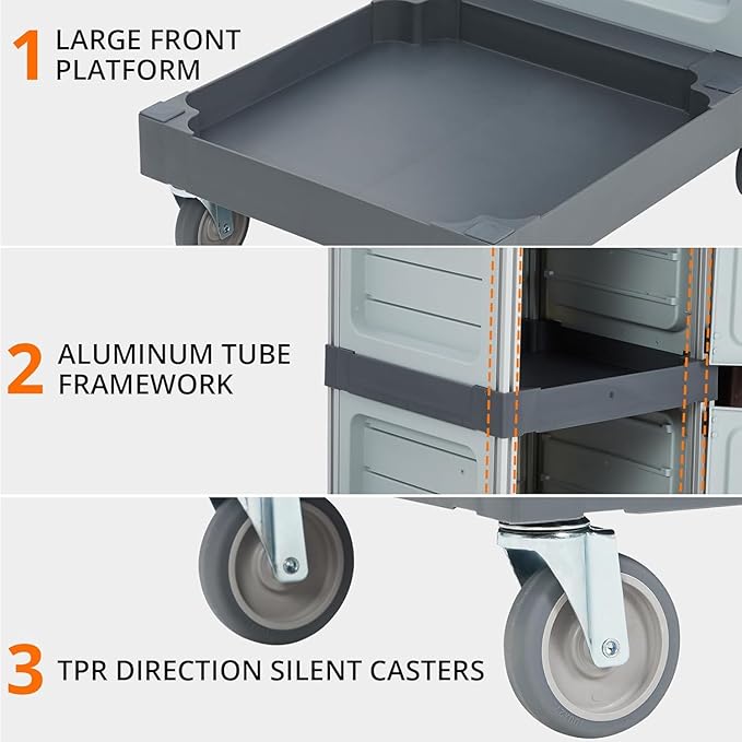 Commercial Janitorial Cleaning Cart: 3 Shelves + 2 Cabinets + Oxford Bag + Cover, Wheel Rolling Housekeeping Cart for School, Hotel, Apartment & More